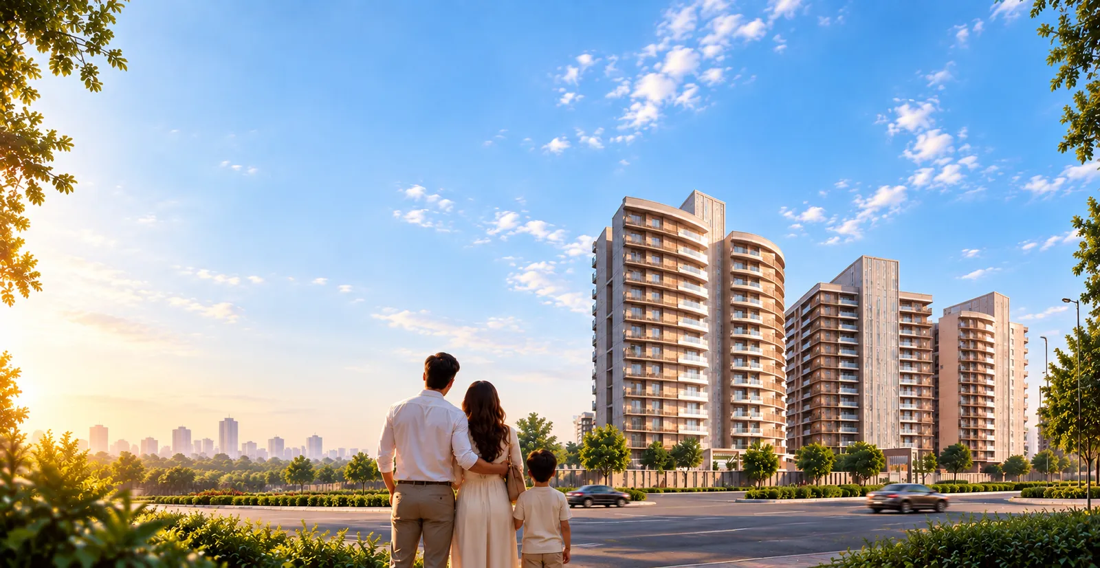 A family viewing the Eldeco Latitude 27 residential towers at sunset