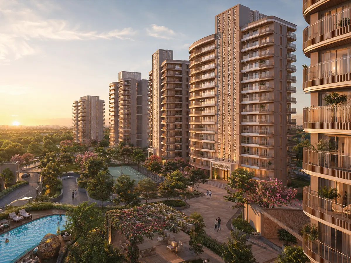 Latitude 27 towers by Eldeco at golden hour, with landscaped podium, pool deck and tree-lined avenues